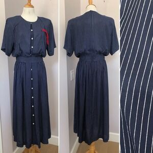 Elizabeth Simon 1980's pin stripe navy red accent short sleeve work shirt dress